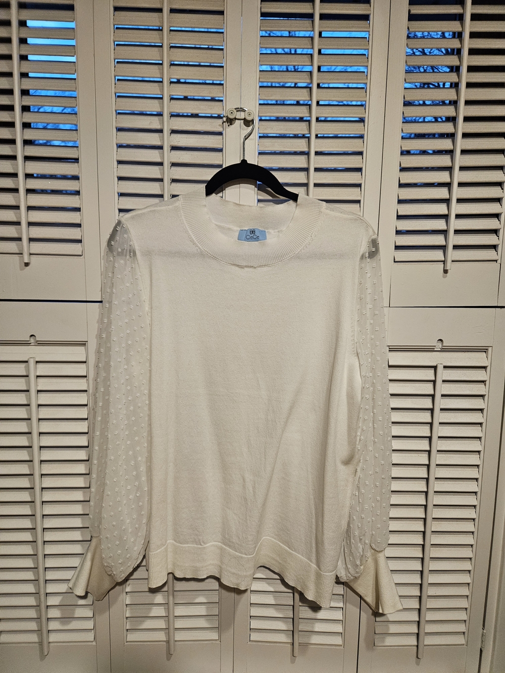 CeCe Cream Scoop-Neck Sweater with Sheer Dot Puff Sleeves